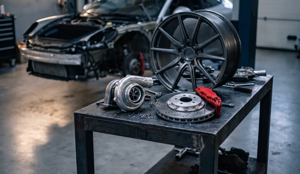 Performance car components including a turbocharger, brake discs and alloy wheels in a premium parts workshop